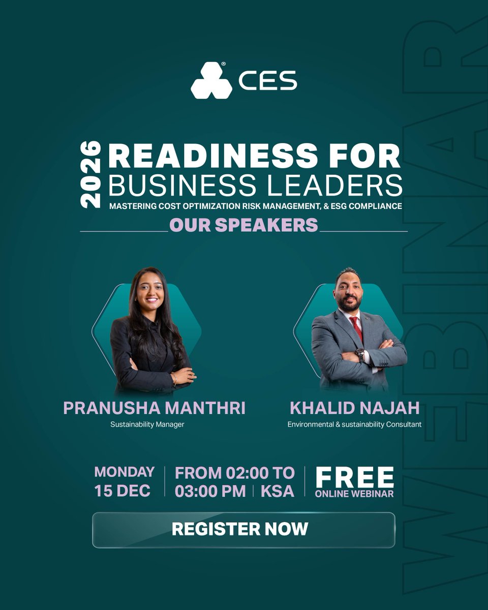 Last chance to register.

2026 is closer than you think—and leaders who aren’t ready will pay the price.

Join our exclusive webinar:
“Mastering Cost Optimization, Risk Management, and ESG Compliance.”

Led by sustainability experts shaping the Saudi market.
Limited seats.