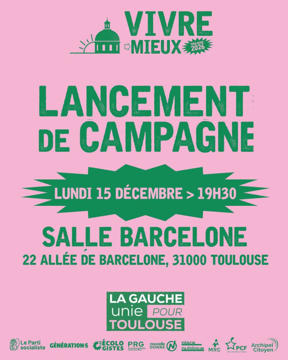 GaucheUnieTlse's tweet image. Demain, on lance la campagne ! 🔥
Rendez-vous ce lundi 15 décembre à 19h30 à la Salle Barcelone (22 allée de Barcelone) pour rencontrer #LaGaucheUnie pour #Toulouse2026 avec @fbriancon .
Venez nombreuses et nombreux ✊ 
#VivreMieux #LaGaucheUnie #Toulouse2026