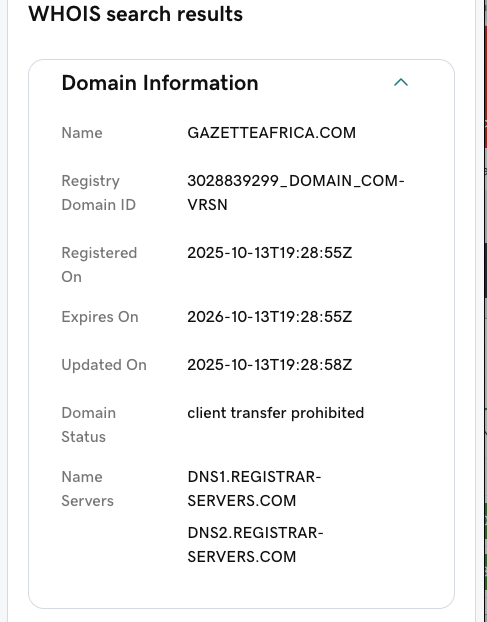 BloodedDutchMan's tweet photo. So, I took some time to look into the website "Gazette Africa" that’s reporting the news about the UK and US declining Nigeria’s request to proscribe IPOB. 

The website, https://t.co/DizAVfxhnL, was created on October 13, 2025. If you check the menu, it’s extremely bare and poorly designed. What really stood out, though, is that when you click on the "Contact" page, it leads to a 404 error. 

There’s no known address, and no social media handles either. It’s completely anonymous, which only raises more suspicion. It’s clear this site is set up to deceive, making it look like a legitimate news outlet when it’s just a front for spreading propaganda.

It’s just another fake website created by IPOB to spread falsehoods, trying to make it look like it’s coming from a trusted news source.