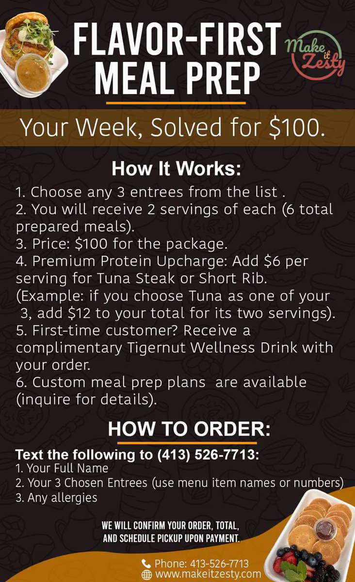 makeitzesty's tweet image. Your "what's for dinner?" solution is served. 🚀
Our new Flavor-First Meal Prep menu is live!

Place your order on makeitzesty.com
#MakeItZesty #NYCChef #Nycmealprep #fusionfood #foodies