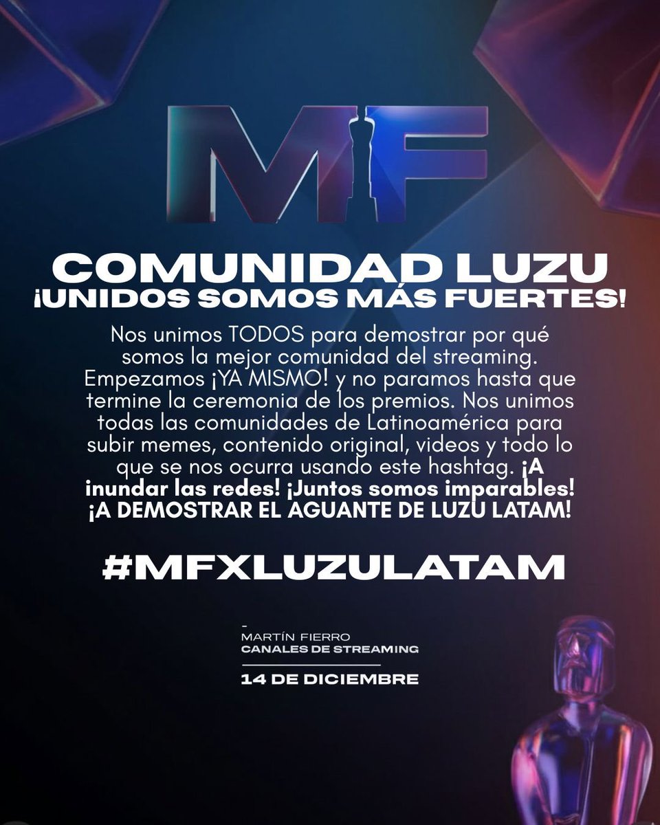 La Comunidad Luzu LATAM se activa YA MISMO para demostrar por qué somos la mejor. A inundar las redes con memes, videos y contenido original hasta que terminen los premios.

A darle con todo: #MFXLUZULATAM
🇵🇪🇨🇱🇺🇾🇵🇾🇲🇽🇨🇴🇦🇷