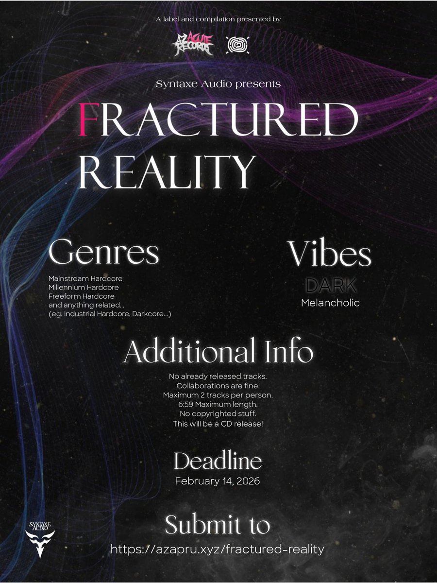 speedcorelabel's tweet image. –  𝙵𝚛𝚊𝚌𝚝𝚞𝚛𝚎𝚍 𝚁𝚎𝚊𝚕𝚒𝚝𝚢  –

I know it's a little early to announce it, but SURPRISE!

We present the first compilation from Syntaxe Audio, a label produced by azACUTE Records and xeudocentrismwhoever!

More information in the image below!

forms.gle/aVmLhVYdsdNPjr…