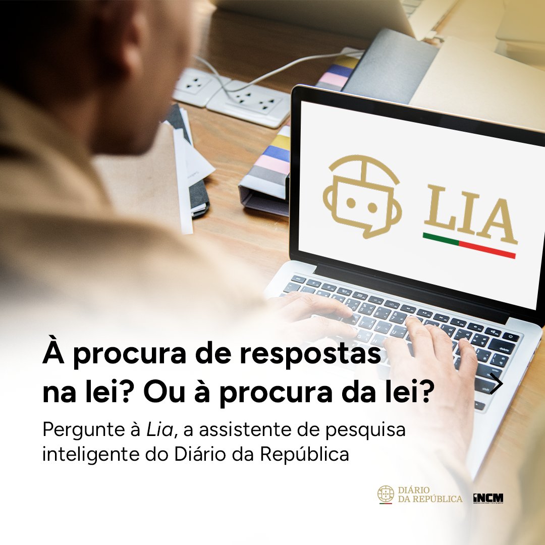 diariorepublica's tweet photo. À procura de respostas na lei? Ou à procura da lei?
Pergunte à Lia, a assistente de pesquisa inteligente do Diário da República.
Como? Aceda https://t.co/E60QArBw4J e experimente.
#PergunteaLia #LiaDR #diariodarepublica #incm https://t.co/BtF51xhLhU
