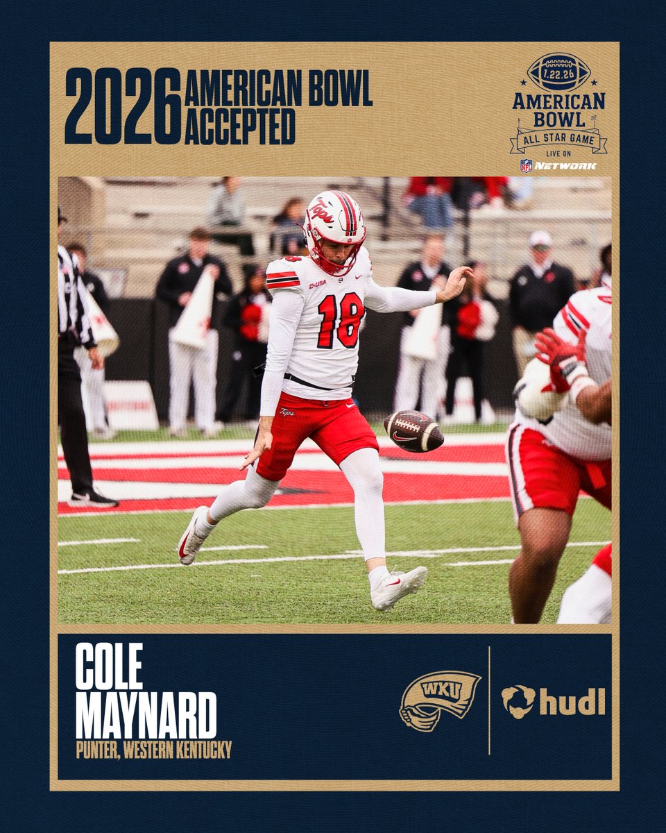 TheAmericanBowl's tweet photo. WELCOME TO AMERICA’S COLLEGE FOOTBALL ALL-STAR GAME! 🇺🇸

Cole Maynard from @WKUFootball has officially accepted his invitation to the 2026 American Bowl, where the nation’s top senior talent comes together to compete, represent their programs, and honor those who serve.

Next stop: Orlando 🇺🇸🏈

#TheAmericanBowl | #Accepted | #PathToTheDraft
