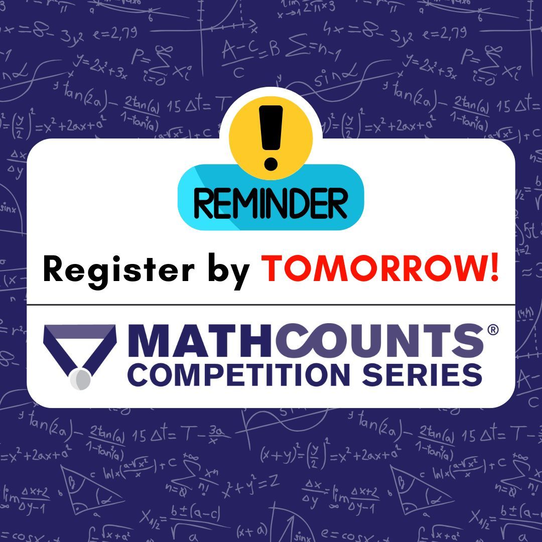 MATHCOUNTS's tweet image. TOMORROW is the Competition Series registration deadline! Don’t miss out! Register by 11:59pm PT to show your students how fun math can really be. mathcounts.org/reg