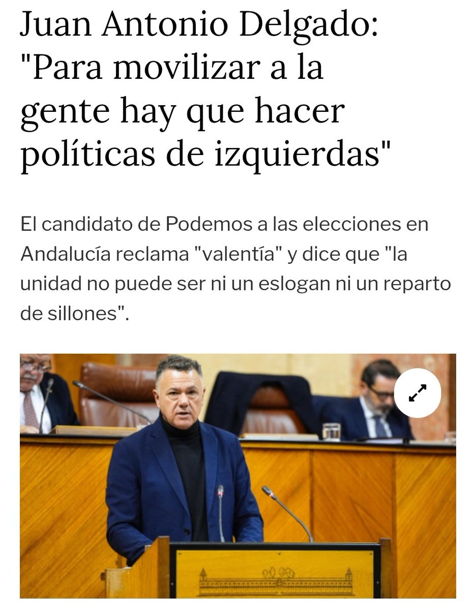 Muy buena entrevista a <a href="/JA_DelgadoRamos/">Juan Antonio Delgado</a>, candidato de <a href="/PODEMOS/">Podemos</a> a la Junta de #Andalucía.

Podemos tiende la mano a la unidad para una izquierda andaluza valiente y con radicalidad democrática, no moderada y subordinada al PSOE.

Les toca a otros decidir.

publico.es/politica/juan-…