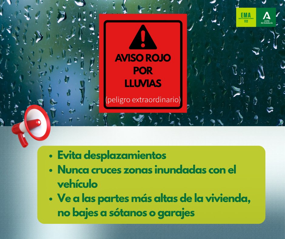 📢 Ampliado hasta las 06.00h del lunes 15 el aviso rojo - peligro extraordinario - por lluvias en Levante, Valle del Almanzora y Los Vélez en #Almería 
Si estás en estas zonas ¡NO te la juegues!
❎Evita todo desplazamiento antes de las 06.00h 
✅Sigue #consejos112
#BorrascaEmilia