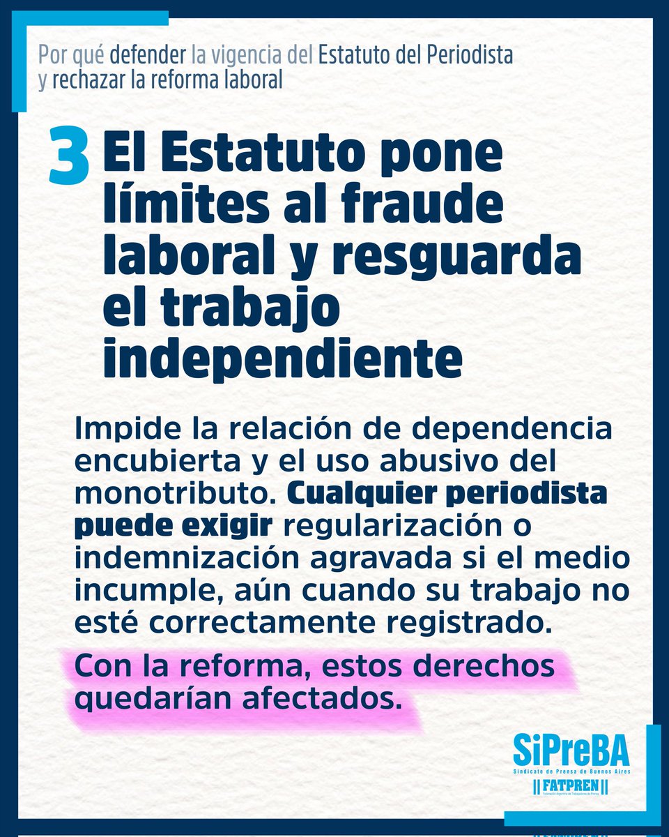 ‼️Gracias al Estatuto del Periodista, aún quienes tienen un trabajo en prensa que no esté correctamente registrado pueden exigir los derechos que garantiza.