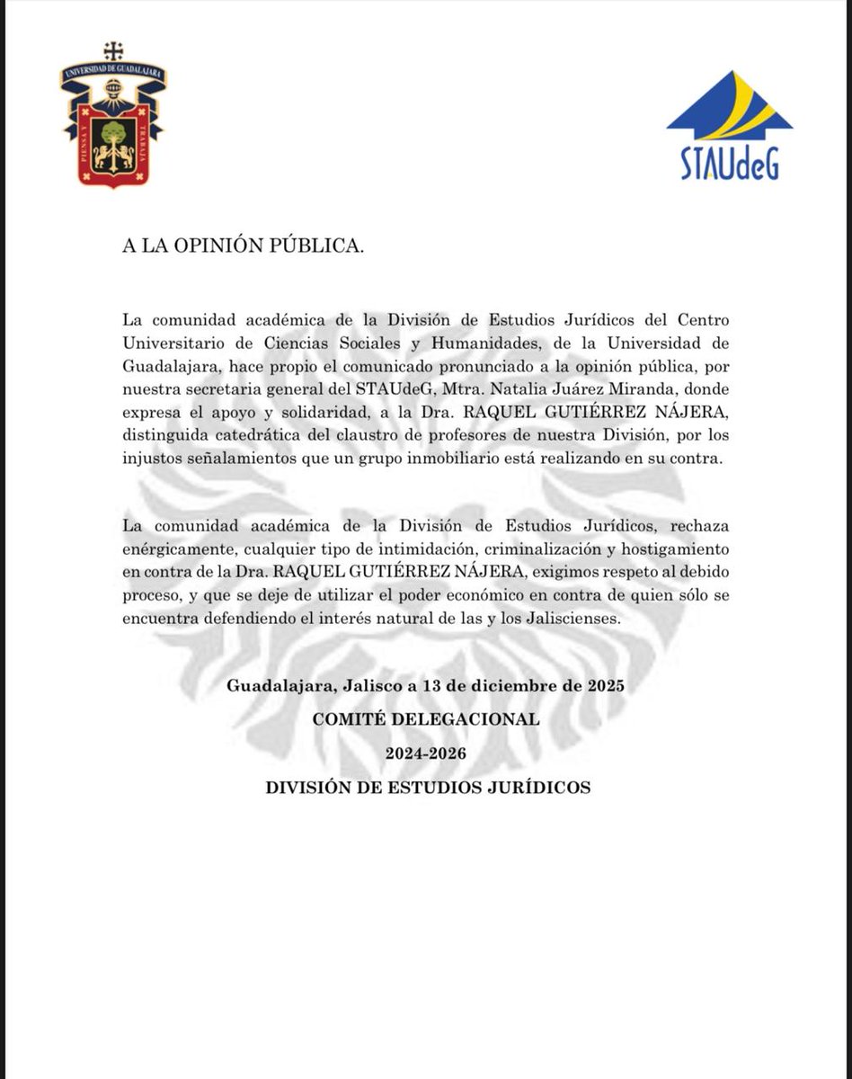 IDEAACMX's tweet photo. La División de Estudios Jurídicos del @cucsh_oficial, se suma a este acuerpamiento y respaldo a la Doctora #RaquelGutiérrezNájera, quien forma parte del profesorado en esa institución. https://t.co/GRIkslRY0M