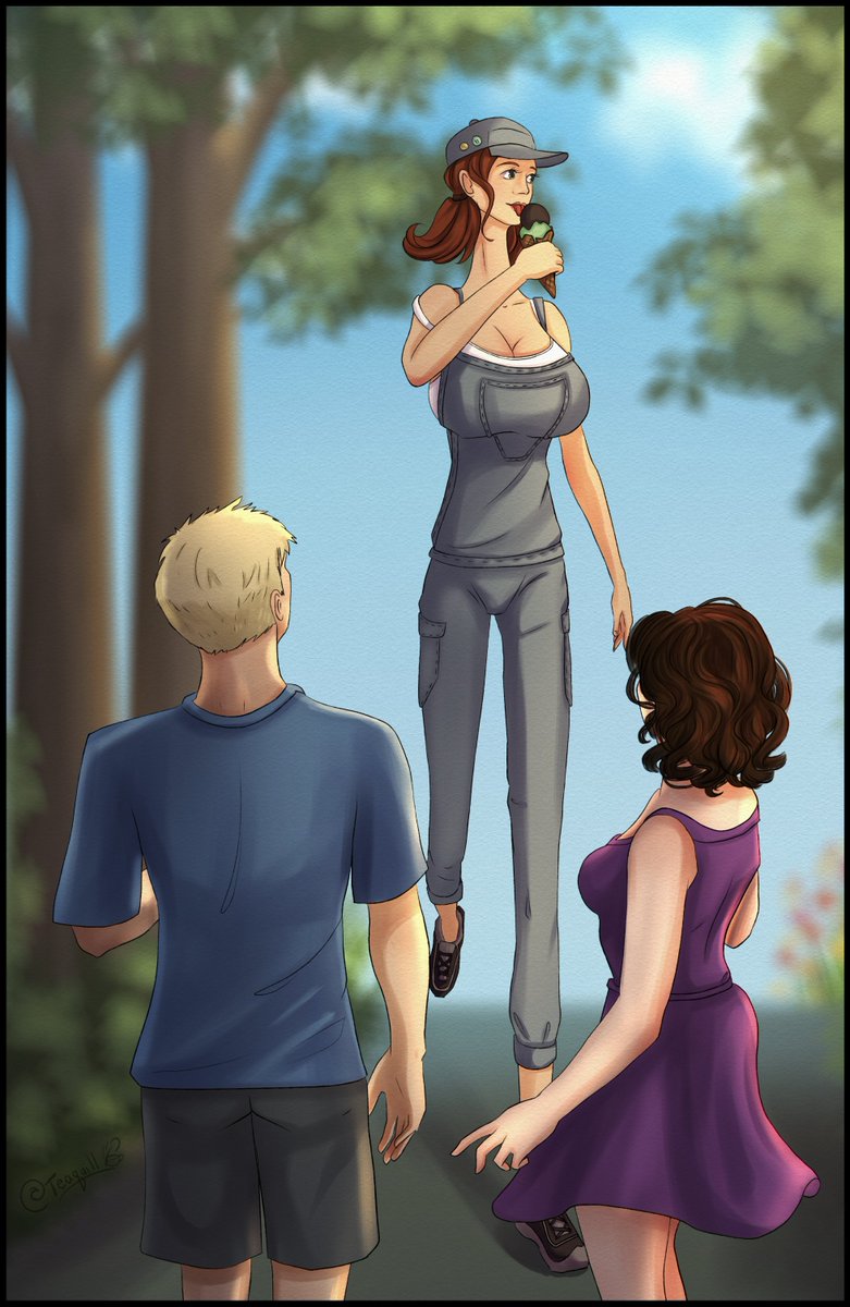 TeaQuill's tweet image. A commission for a0040pc over on DeviantArt of the lovely Jolene again, this time enjoying a tasty ice-cream treat! I suppose it's not often you see a lady that's ten feet tall walking towards you. 
#SizeTwitter #gts #giantess