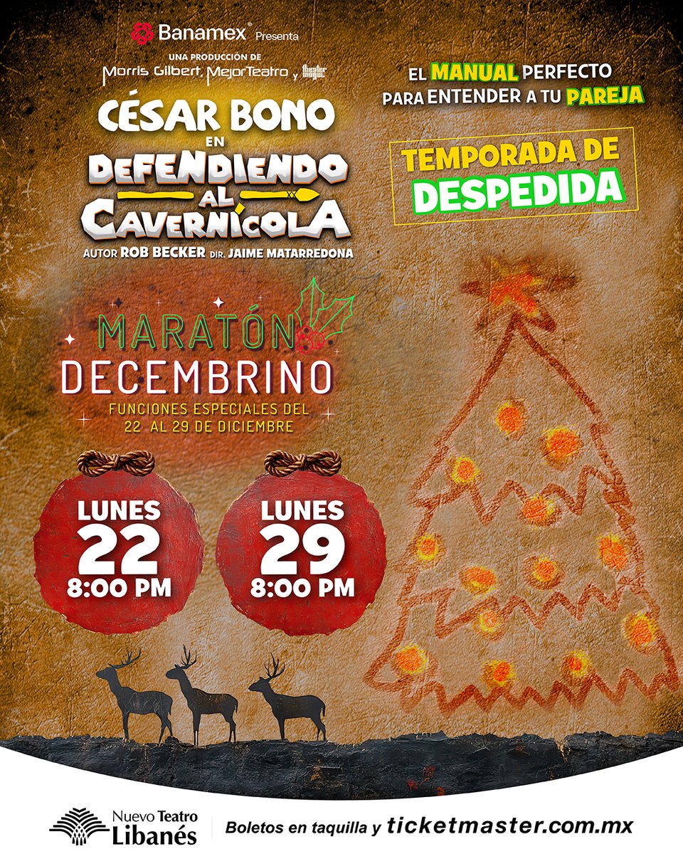 Descubrimos un nuevo lenguaje del amor: reírse de sus problemas… reconociéndose a través de las historias de <a href="/cesarbono/">César Bono</a> en #DefendiendoAlCavernícola. 

🧑‍🎄 #MaratónDecembrino
🎄 Lunes 22 y 29 de diciembre
🪅 Funciones a las 8:00 p.m.
🎟️ bit.ly/DefendiendoAlC…