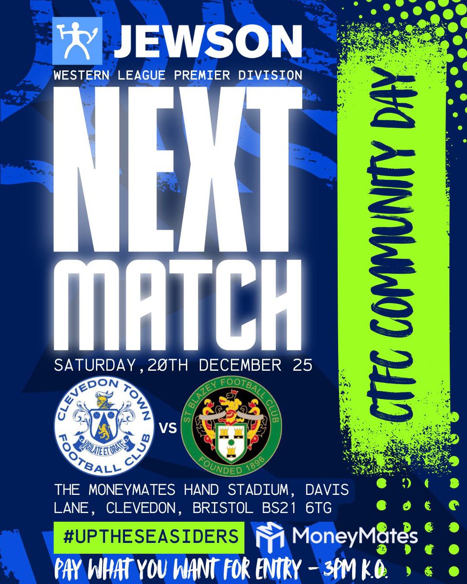 ClevedonTownFC's tweet photo. 𝗡𝗘𝗫𝗧 𝗨𝗣: 𝗖𝗢𝗠𝗠𝗨𝗡𝗜𝗧𝗬 𝗗𝗔𝗬 𝗔𝗧 𝗧𝗛𝗘 𝗛𝗔𝗡𝗗! 💙

This Saturday 20th, we’re back at The Moneymates Hand Stadium as we take on St Blazey and it’s more than just a matchday…

🎉 COMMUNITY DAY 🎉
🆚 @StBlazeyAFC 
💷 Pay what you want on the gate
🕒 3:00pm Kick-Off

We’re inviting everyone down to support their local club, bring the family, friends and be part of a special day at the Hand

👀 Keep your eyes peeled throughout the week for extra surprises, and announcements happening on the day…

Let’s make it a big one, Seasiders! 🙌

#ClevedonTownFC #CTFC #UpTheSeasiders
@swsportsnews @Moneymates2025
