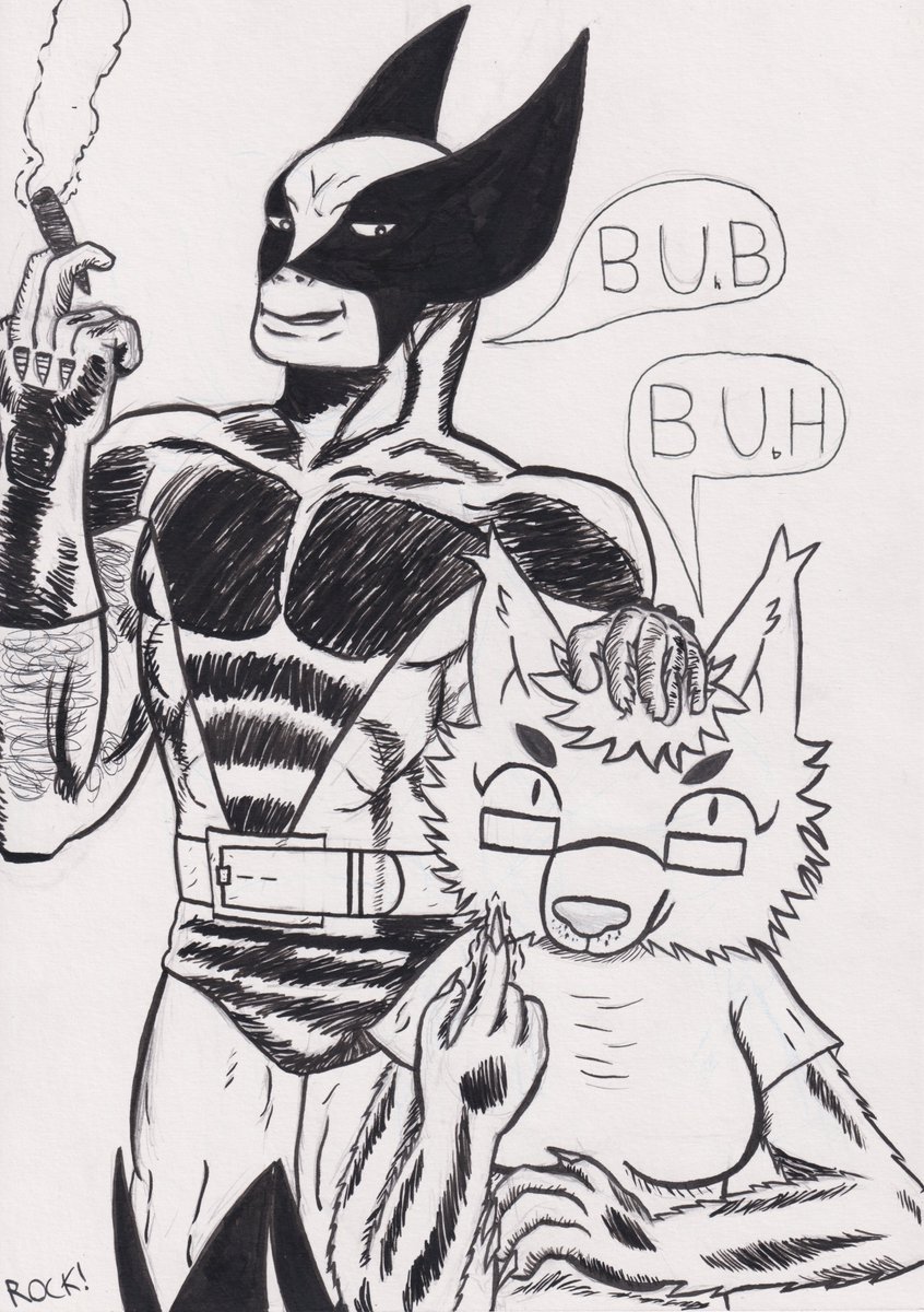 Rocknamn's tweet photo. "Hey Slim! Check out this little critter I found in the forest. Come on, say the line bub!"

"Buh buh buh buh"

"Haha I love this lil gal!"

(Lynn belongs to @mr_dee_vee I just thought this would be funny and wanted to draw John Byrne Wolverine) https://t.co/9X80HvYjQm