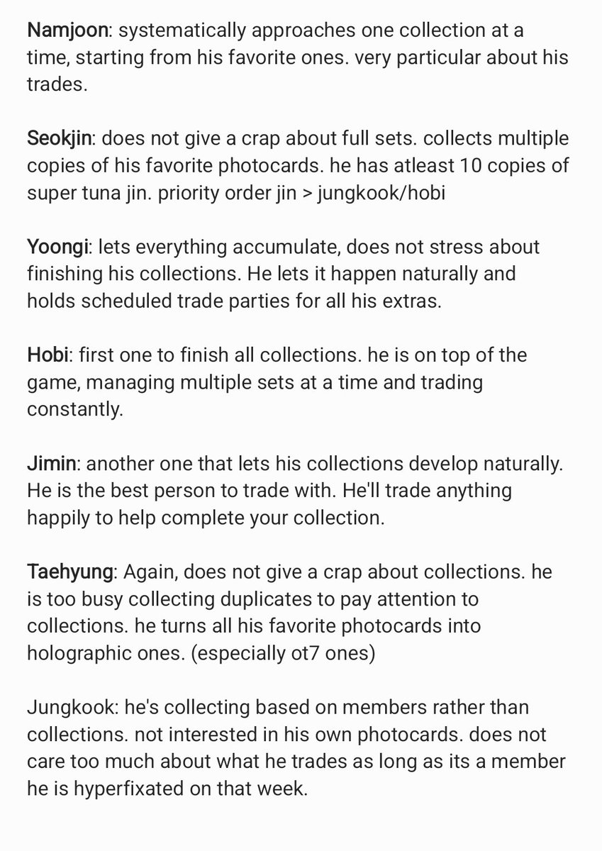 outrotearjin's tweet photo. how I think bts members will approach @b_cdapp photocard collections: https://t.co/JnrIG9H59L