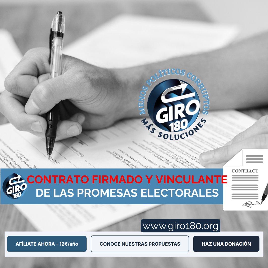 🔵MEDIDA #GIRO180 🔵
Proponemos un contrato firmado y vinculante de las promesas electorales.
Porque en elecciones, todos prometen por un voto... Pero luego se olvidan de cumplir su palabra.
#MenosPoliticosMasSoluciones 
#GiraActuaTransforma