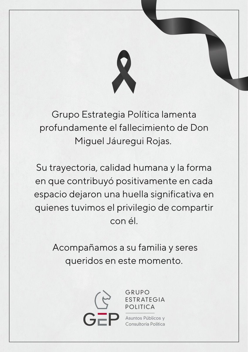 Lamentamos profundamente el fallecimiento de Don Miguel Jáuregui Rojas.