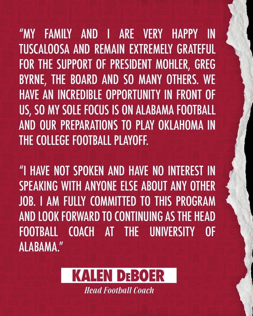 RecruitsBama's tweet photo. 𝗕𝗥𝗘𝗔𝗞𝗜𝗡𝗚: Alabama HC Kalen DeBoer releases a statement on his future with Alabama 👀 https://t.co/nLboaEHx5F