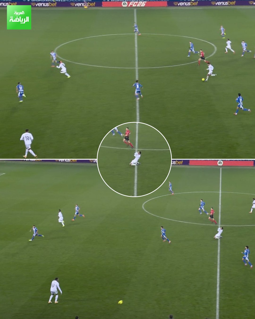 جود بيلنغهام خارج الخدمة. اللاعب الإنجليزي بدلاً من التمرير إلى كيليان مبابي، يخرج الكرة إلى رمية تماس، حتى إنه لم يصدق ما حدث 