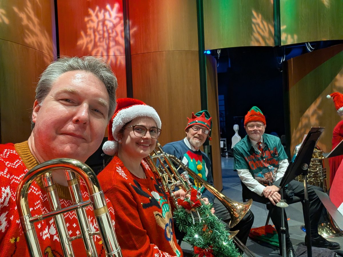 MarkOSSTF's tweet photo. Always a fun afternoon playing the annual Family Holiday Concert with the @OakSymphony!
The brass section dressed up in our best ugly sweaters, and a special guest Elf on the Shelf came to play a tune with me! https://t.co/OX9WdgZCum