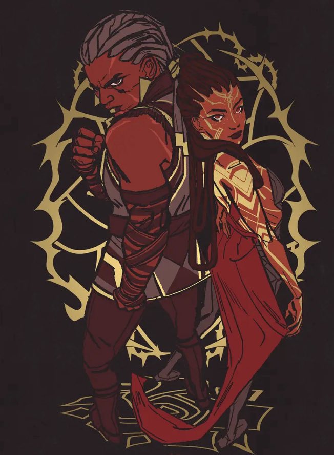 ambessa posing with her first up, looking all serious and ready to fight. and then there’s mel posing next to her like the princes she is, showing off her outfit THEY’RE ADORABLE