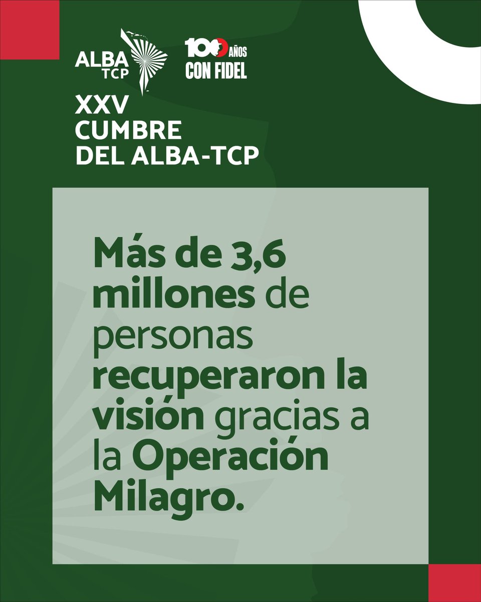 La Operación Milagro fue una iniciativa humanitaria impulsada por Fidel Castro y Hugo Chávez en 2004, donde Cuba, con su experiencia médica, ofreció cirugías oftalmológicas gratuitas a personas de bajos recursos en Latinoamérica, el Caribe y otras partes del mundo

#AlbaUnida