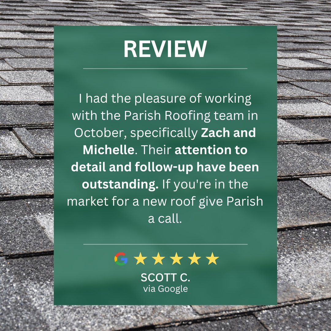 ParishBuilt's tweet image. Another 5-star review ⭐️

 We’re proud to be known for strong communication, follow-through, and quality roofing from start to finish. 

Thanks for choosing Parish, Scott!💚