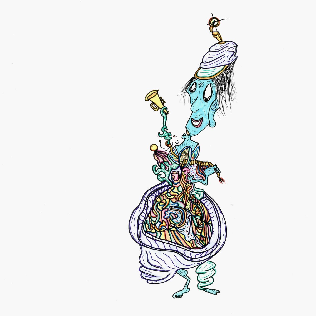 Pleased to announce a WIP:
Peddler with Bag and Horn, v.3

The original is a pen on paper illustration from 2015 (minted 2022)
v.2 is pen &amp; marker on paper, 2019 (minted 2025)

v.3 is a 100% digitally painted, 12 frame animated .gif
Taking my time on this one, it's coming along!