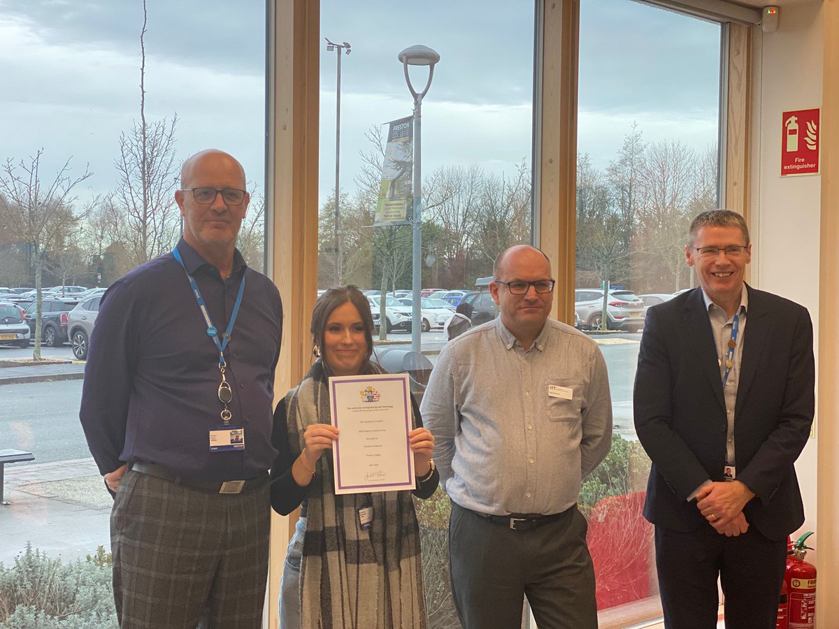 Congratulations to Charlotte Mcnamara on winning an IET award for her work on her engineering course. Charlotte is a second year T level student at Preston College 
L to R: Lecturer Steve Clash, Charlotte, IET LN Chairman Nigel Whitaker &amp; Prestton College Principal Simon Nixon