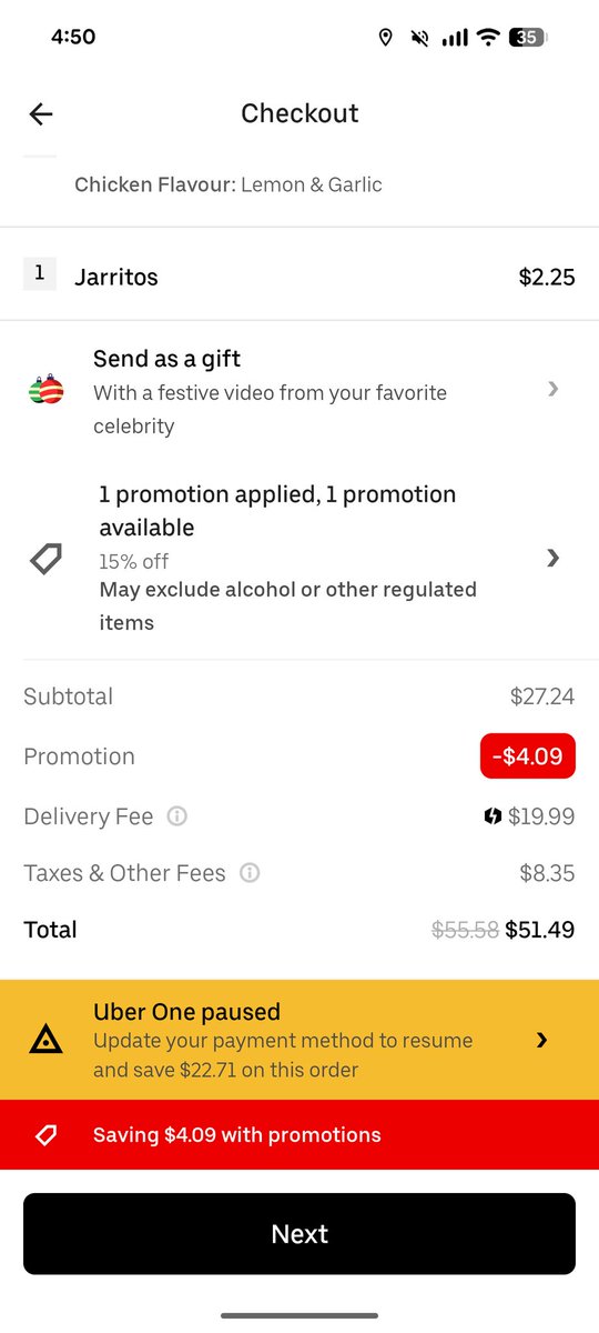 MikeVic187's tweet photo. @UberEats lol so you're gonna charge me $20 for a delivery fee because you don't have enough delivery workers??? If anything you should give me a discount because the wait time is gonna be longer than usual. This is by far one of the dumbest companies! Do better!! https://t.co/Xkl7pjr4Y7