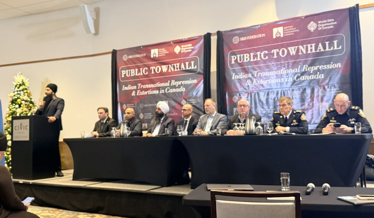 GurpreetSSahota's tweet image. A public town hall is taking place at Surrey’s Civic Hotel to discuss extortion, shootings, and threats in Canada.  

The focus is on Indian transnational repression as a contributing factor to these incidents.  

Politicians, police chiefs, victims, and the general public are…