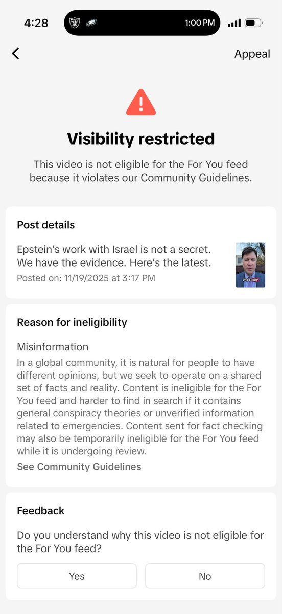 TikTok’s new ownership is labeling a post merely describing our Epstein reporting, based solely on publicly available documents, as misinformation