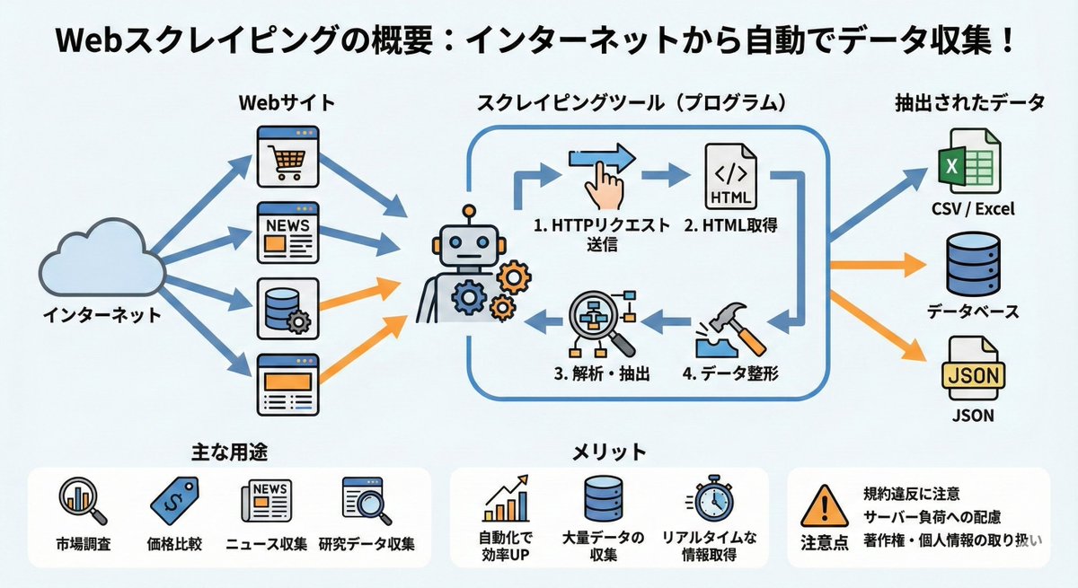 50python2024's tweet image. 毎日手作業でWebの情報を集めるの、大変じゃないですか？

その作業、Webスクレイピングで自動化できます！🚀 プログラム（ロボット）があなたの代わりにWebサイトを巡回し、必要なデータを収集・整理してくれます。

🔹 市場調査や競合の価格比較を効率化 
🔹 最新ニュースをリアルタイムにキャッチ…