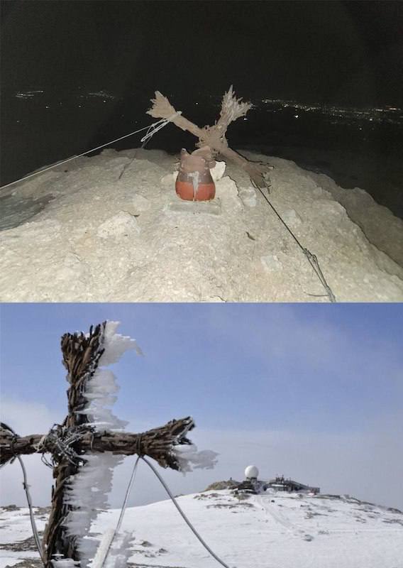 VintageVault8's tweet image. These are the same peaks once climbed by Christian Syrian and Lebanese pilgrims every year to visit the site where Jesus (pbuh) transfigured before his apostles. Mount Hermon is now illegally occupied by israel, this is the cross atop the summit they destroyed last year