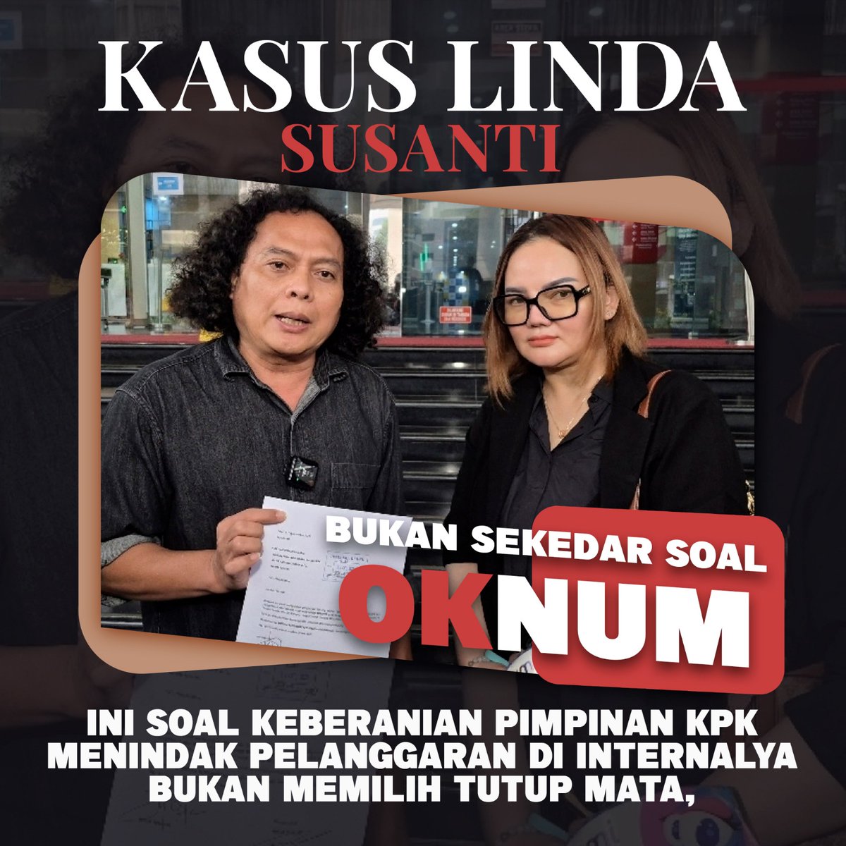 Jika pimpinan <a href="/KPK_RI/">KPK</a> masa bodoh terhadap dugaan pelanggaran yang dilakukan oleh penyidiknya dalam kasus Linda Susanti ini, berarti masalah ini bukan lagi pada individu, melainkan pada  institusi.

RDP Untuk Keadilan
#KPKJagaMarwah