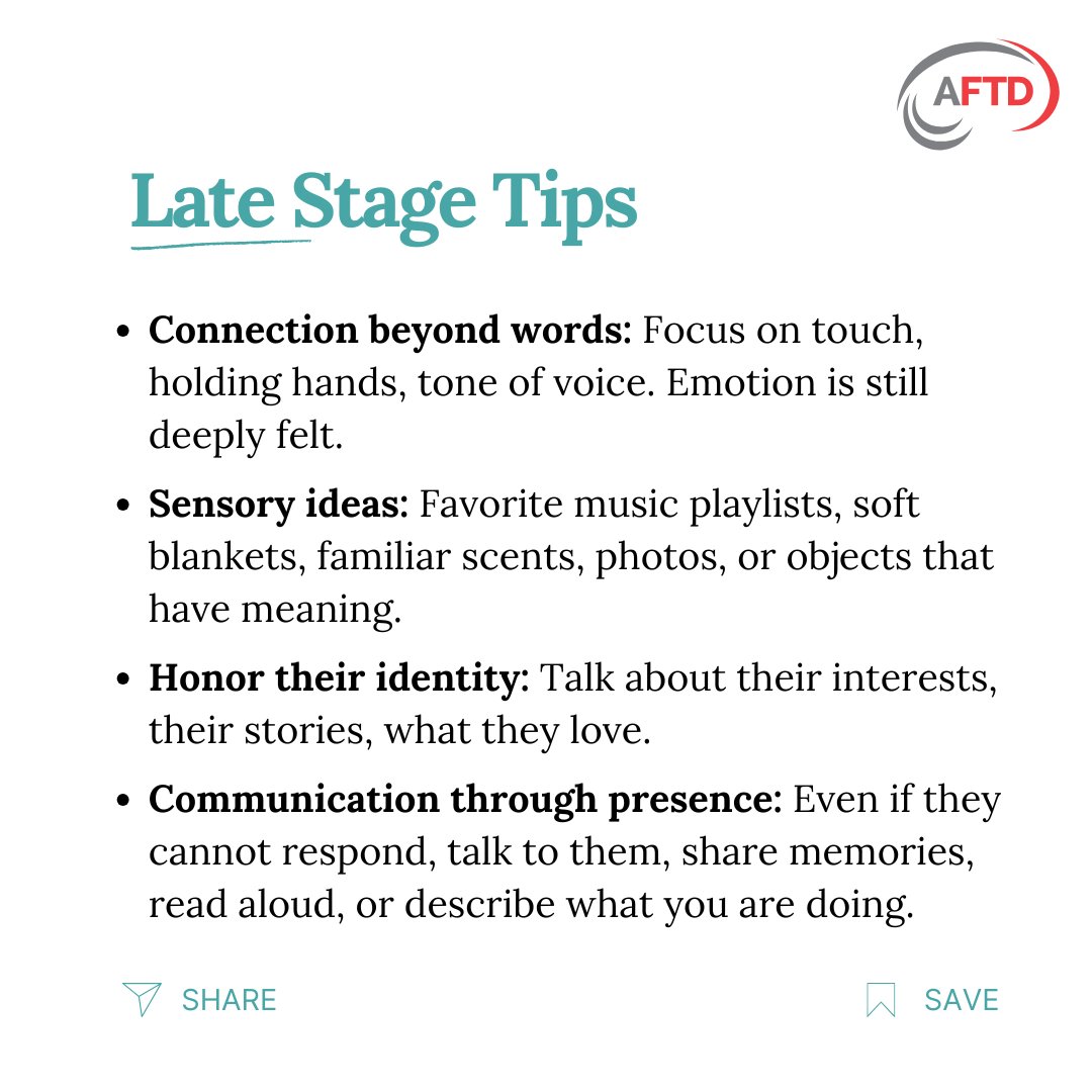 AFTDHope's tweet photo. Communication may change with primary progressive aphasia (PPA), but connections can remain strong. 

Whether you’re in the early days of shifting conversations or navigating the later stages, small, intentional approaches can help preserve dignity and closeness.

👉 For more tips and community support, join an AFTD support group today: https://t.co/XJEG6slqOi