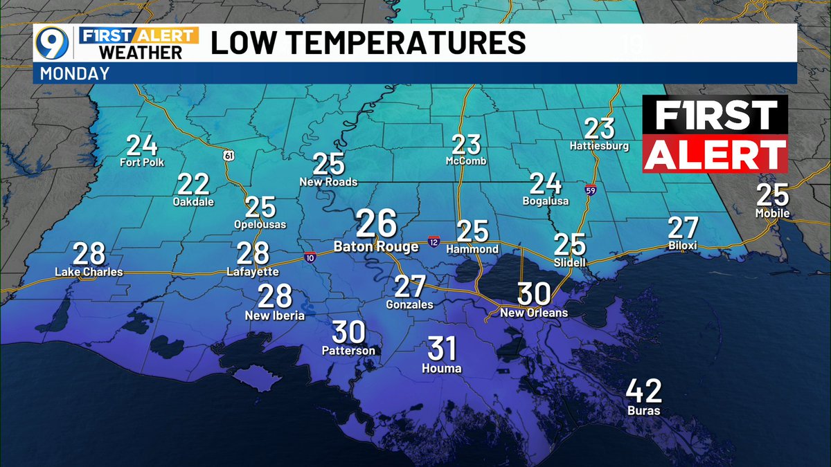 FRIGID MONDAY MORNING 

Dangerous wind chills for south Louisiana and Mississippi. Wind chills will likely reach the teens and low 20s while surface temperatures range from the mid 20s to low 30s. A Cold Weather Advisory remains in effect.

#cold #Louisiana #Mississippi #weather