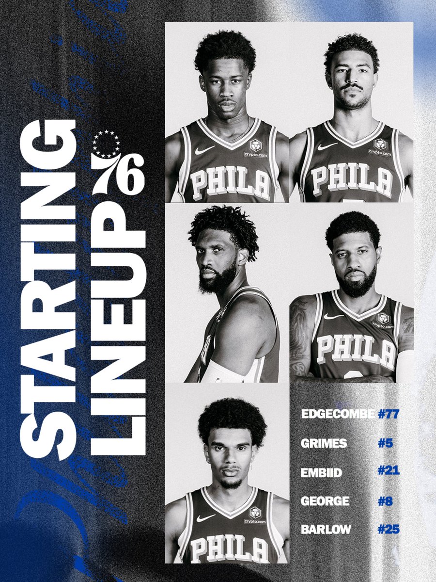 tonight’s starters:
🔔 @vj_edgecombe
🔔 @qdotgrimes
🔔 @JoelEmbiid
🔔 @Yg_Trece
🔔 @Dominickbarlow_