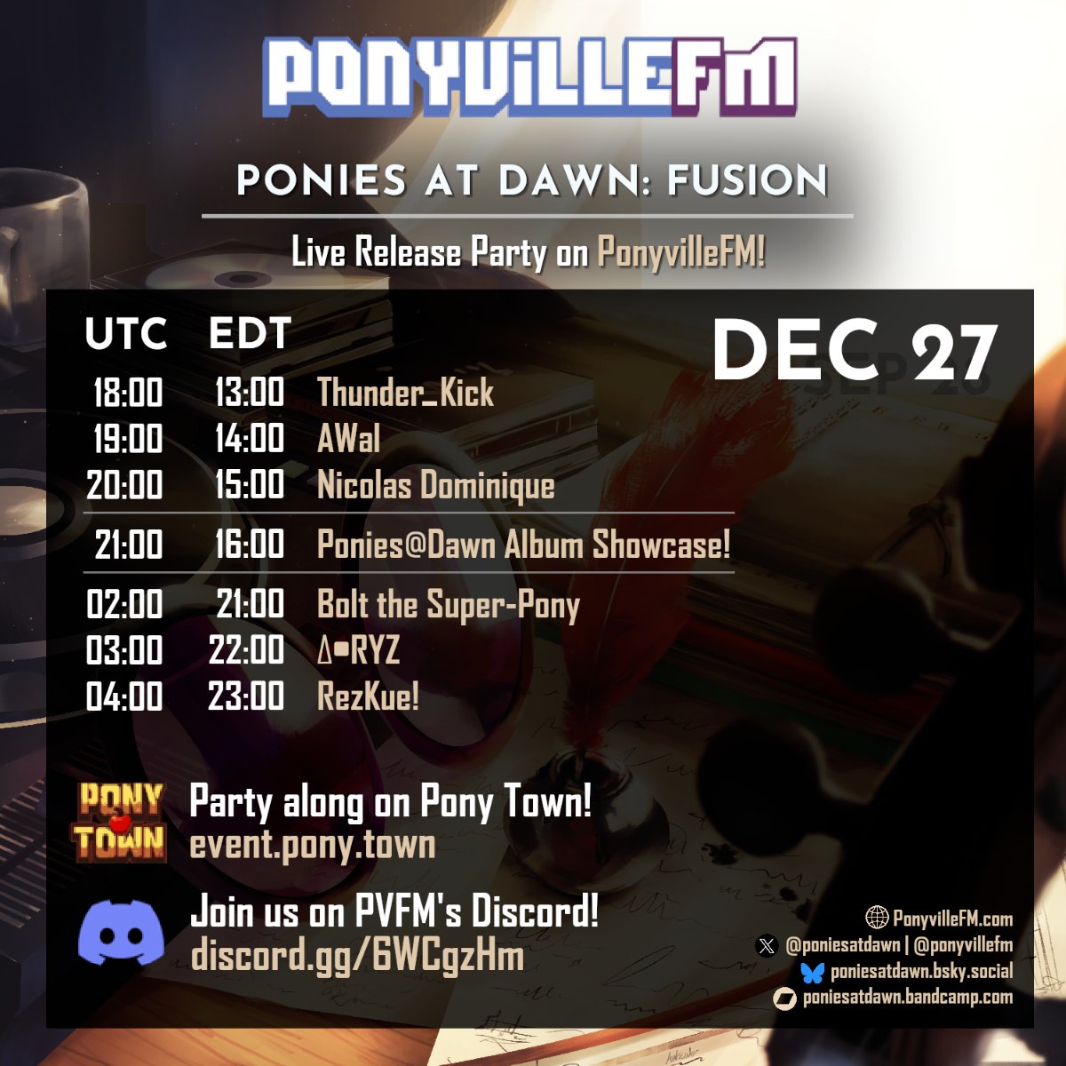 Our newest mega compilation album Fusion is now available for pre-order on our Bandcamp! The album will be showcased on December 27 in partnership with <a href="/PonyvilleFM/">PonyvilleFM</a> and <a href="/ponytownteam/">Pony Town</a>, hosted by <a href="/LycanDeseBeats/">Lycan</a> and <a href="/DijitGuy/">Taran Twomey (Dijit | DJT)</a>!