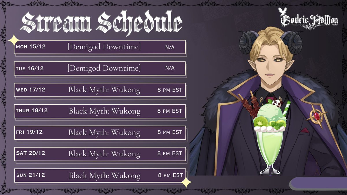 My stream schedule. It's Black Myth Wukong week. I heard the game is harder than any souls game so we'll see how i'll hold up. I'll be doing guerilla streams here and there with random games as well. See you in any of these~ <3