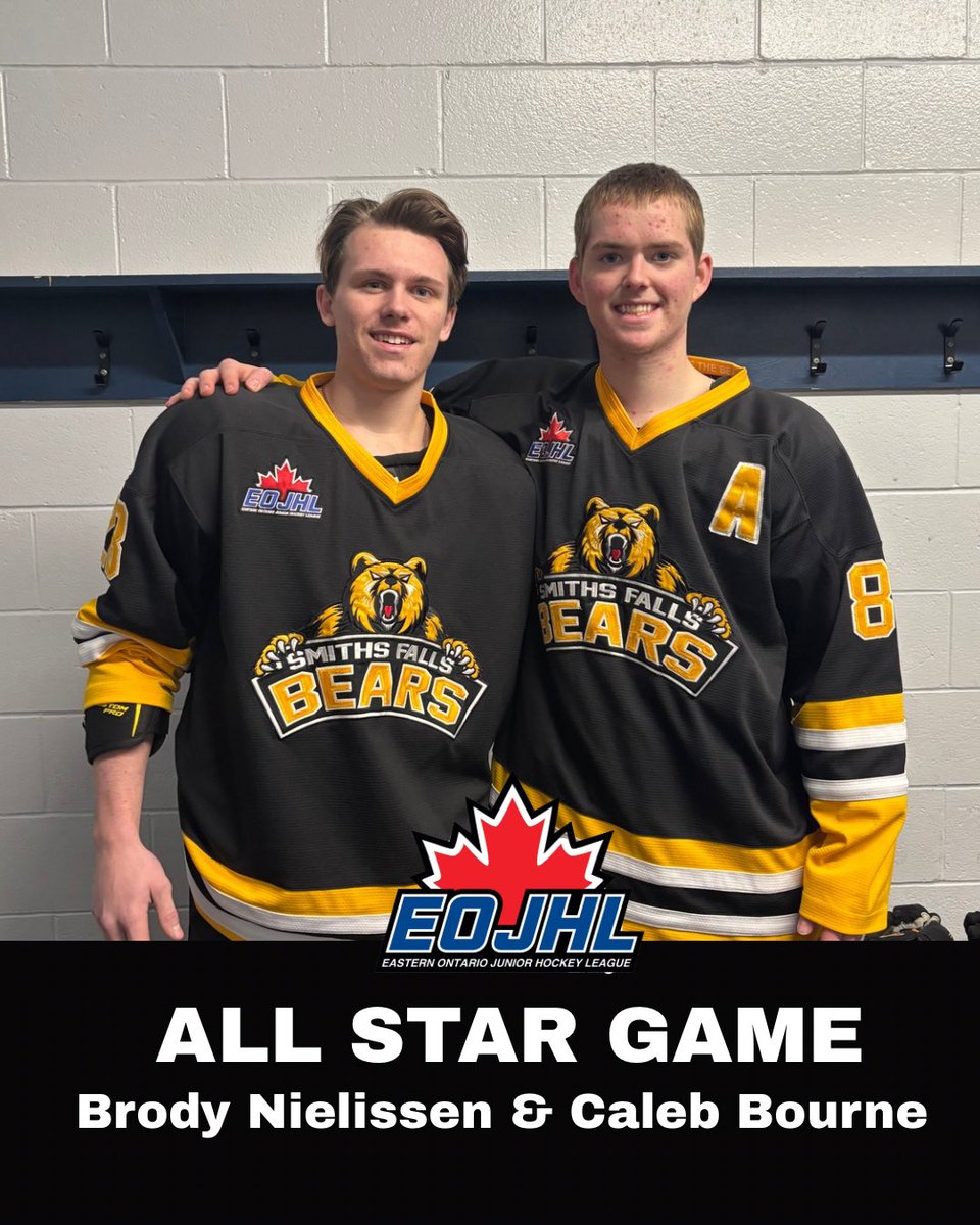 Congratulations to Forwards Brody Nielissen and Caleb Bourne on being selected for the Richardson Division Team!

The EOJHL All Star Game takes place tomorrow Monday, December 15th at the MyFM Centre at 7:30 PM.

#dontpokethebear