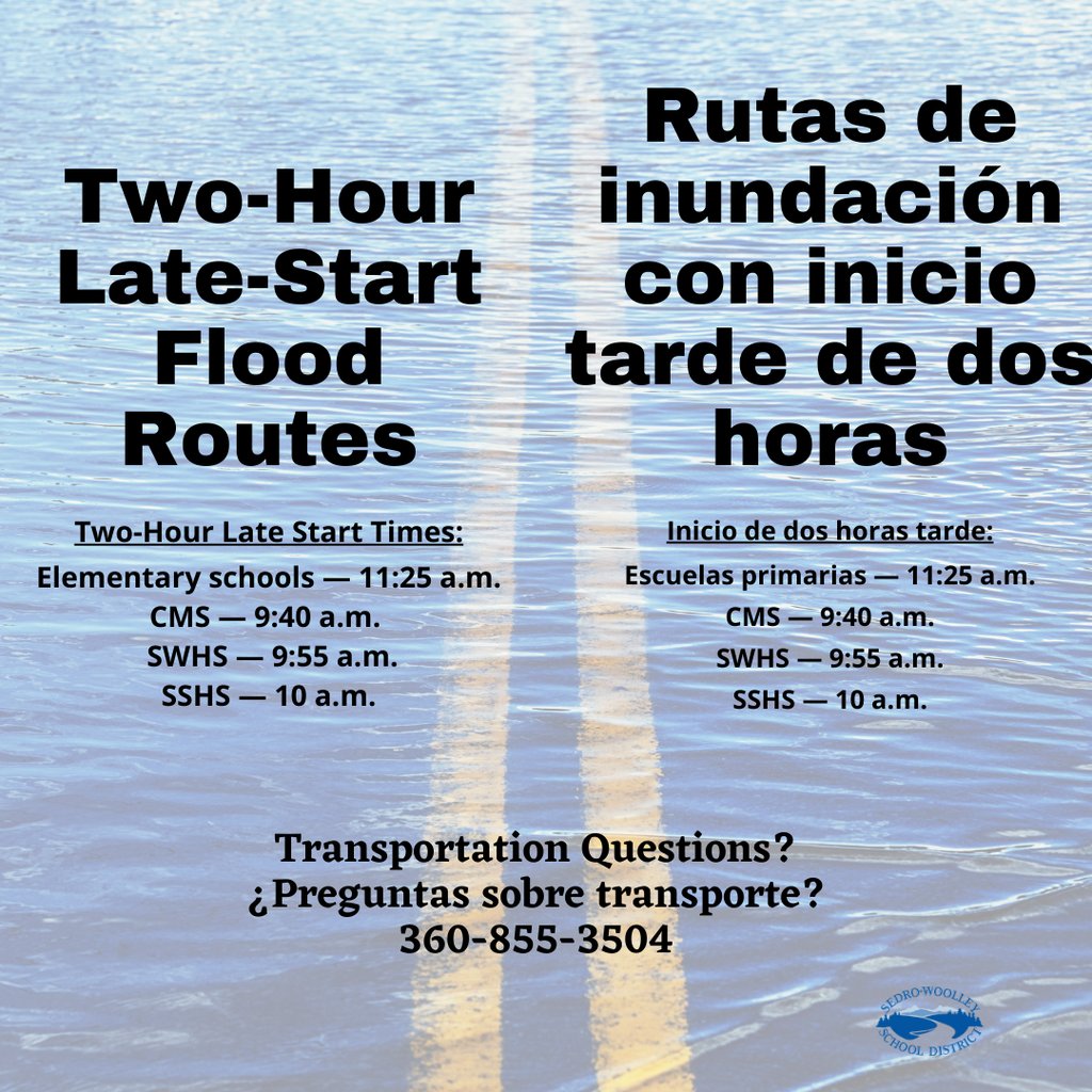 SedroWoolleySD's tweet photo. Due to ongoing flood-related road closures, Sedro-Woolley School District will operate on a two-hour late start on Monday, December 15.

👉 https://t.co/v4h8w3KdZ6 https://t.co/fDfFrnCLNQ