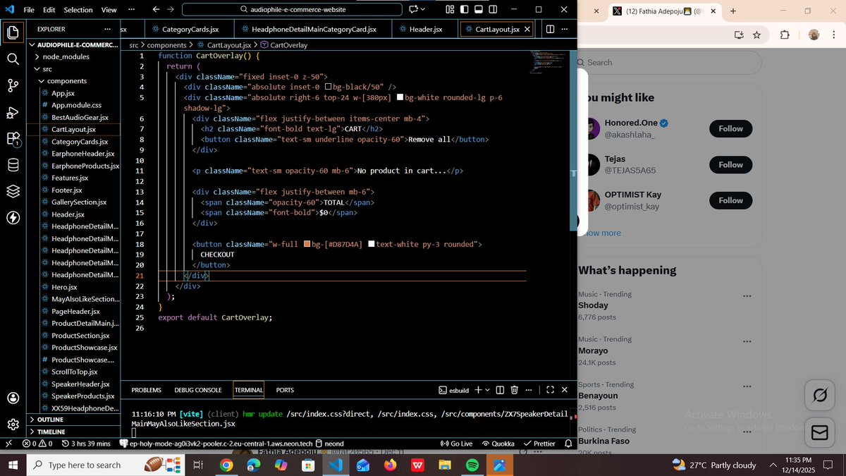 fat20565's tweet photo. Day 73 of #100DaysOfCode
Built the cart overlay UI for my Audiophile e-commerce project. Added a modal-style cart with a dark backdrop, item summary, total section, and checkout button. Next step is wiring up cart functionality. https://t.co/DCI1C99YWp