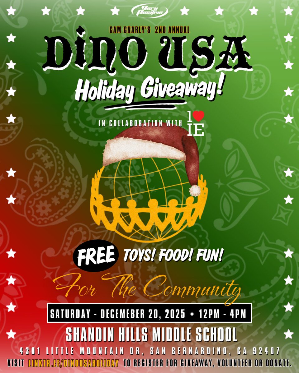 🎄 We Back! ✨ linktr.ee/dinousaholiday

2nd Annual DINO USA Holiday Giveaway

FREE toys • FREE food • FREE fun
For the community 🫶🏾
Powered by love &amp; collaboration
<a href="/1LOVEIE/">1LoveIE</a> 🫱🏾‍🫲🏽 <a href="/veryposibrand/">+ VeryPositiveBrand +</a> 

📍 Shandin Hills Middle School
🗓 Saturday, Dec 20 | 12PM–4PM

🚨 VOLUNTEERS NEEDED
