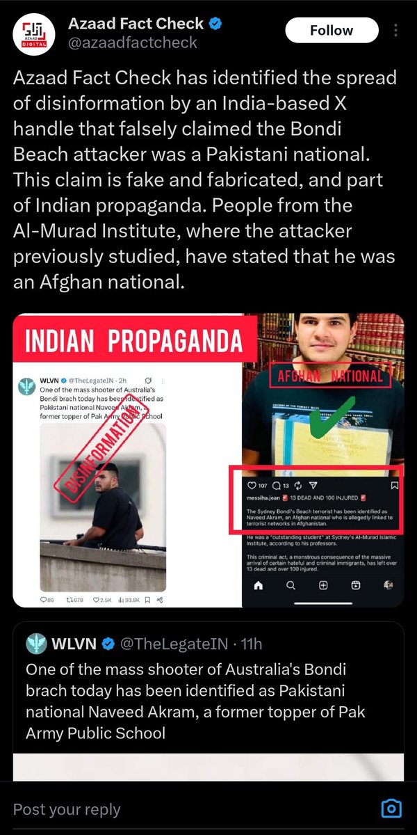 BLACKTIGER1612's tweet image. 🧵Thread on the Pakistani propaganda on #bondibeach attack.
Even after all clear evidence social media handles of Pakistani state sponsored propaganda machinery are spreading propaganda that those 2 jihadi terrorists are not Pakistanis but Afghanistan.