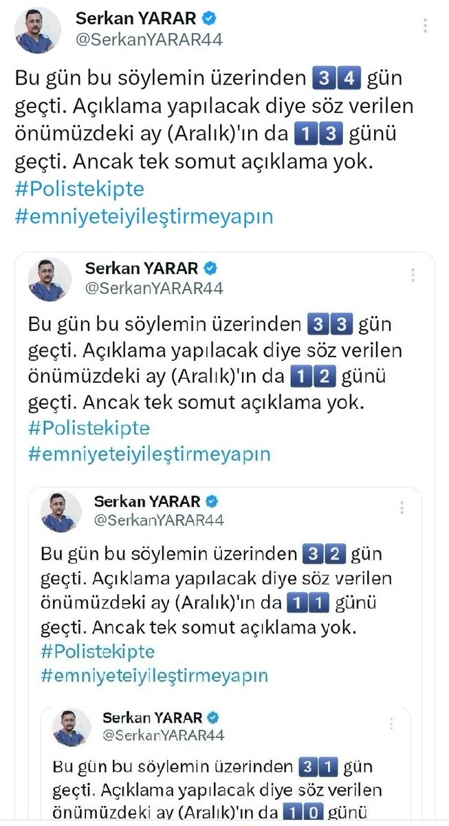 Bu gün bu söylemin üzerinden 3️⃣5️⃣ gün geçti. Açıklama yapılacak diye söz verilen önümüzdeki ay (Aralık)'ın da 1️⃣4️⃣ günü geçti. Ancak tek somut açıklama yok.
#Polistekipte
#emniyeteiyileştirmeyapın
