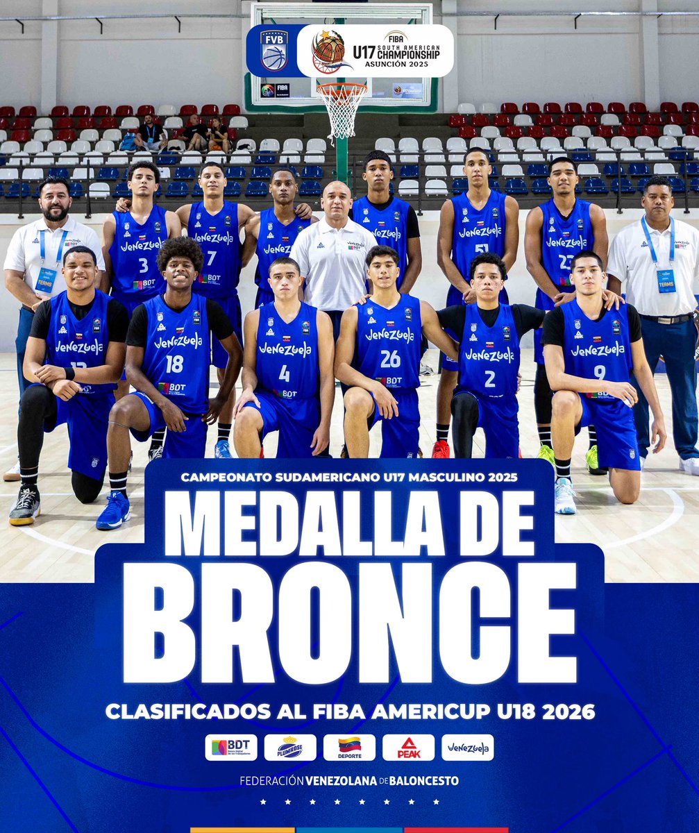 🇻🇪 Orgullosos de nuestros U17: medalla de bronce 🥉 en el Campeonato Sudamericano FIBA Sub-17 Masculino 2025. 

ℹ️ Venezuela se sube al podio de este evento por tercera vez en la historia y segunda de forma consecutiva.

🏆 En 2026 nos espera la FIBA AmeriCup Sub-18.