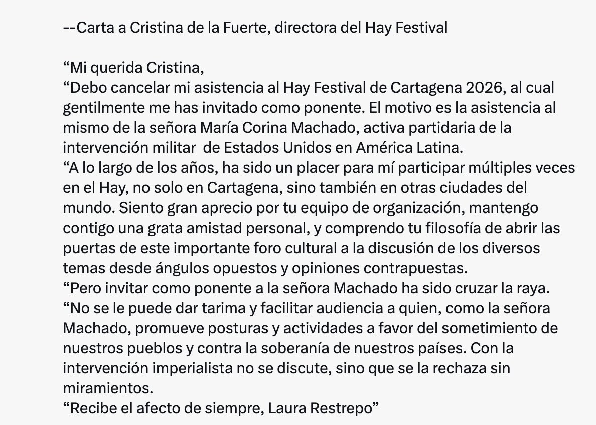 Todo mi apoyo a Laura Restrepo, Giuseppe Caputo, y a todos los y las colegas que han renunciado a participar en el <a href="/hayfestival/">Hay Festival</a>. Y a todos aquellos que crean que una cosa es la libertad de expresión, y otra la invitación a desconocer la soberanía nacional.
