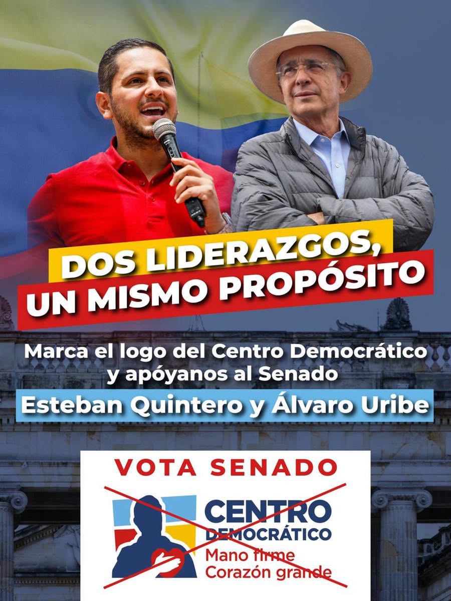 estebanquincar's tweet photo. Colombia nos necesita unidos.
Este 2026, marquemos el logo del Centro Democrático en la lista al Senado y demos el paso firme para recuperar el rumbo de nuestra patria. 🇨🇴@cedemocratico https://t.co/oGPRzYdBya