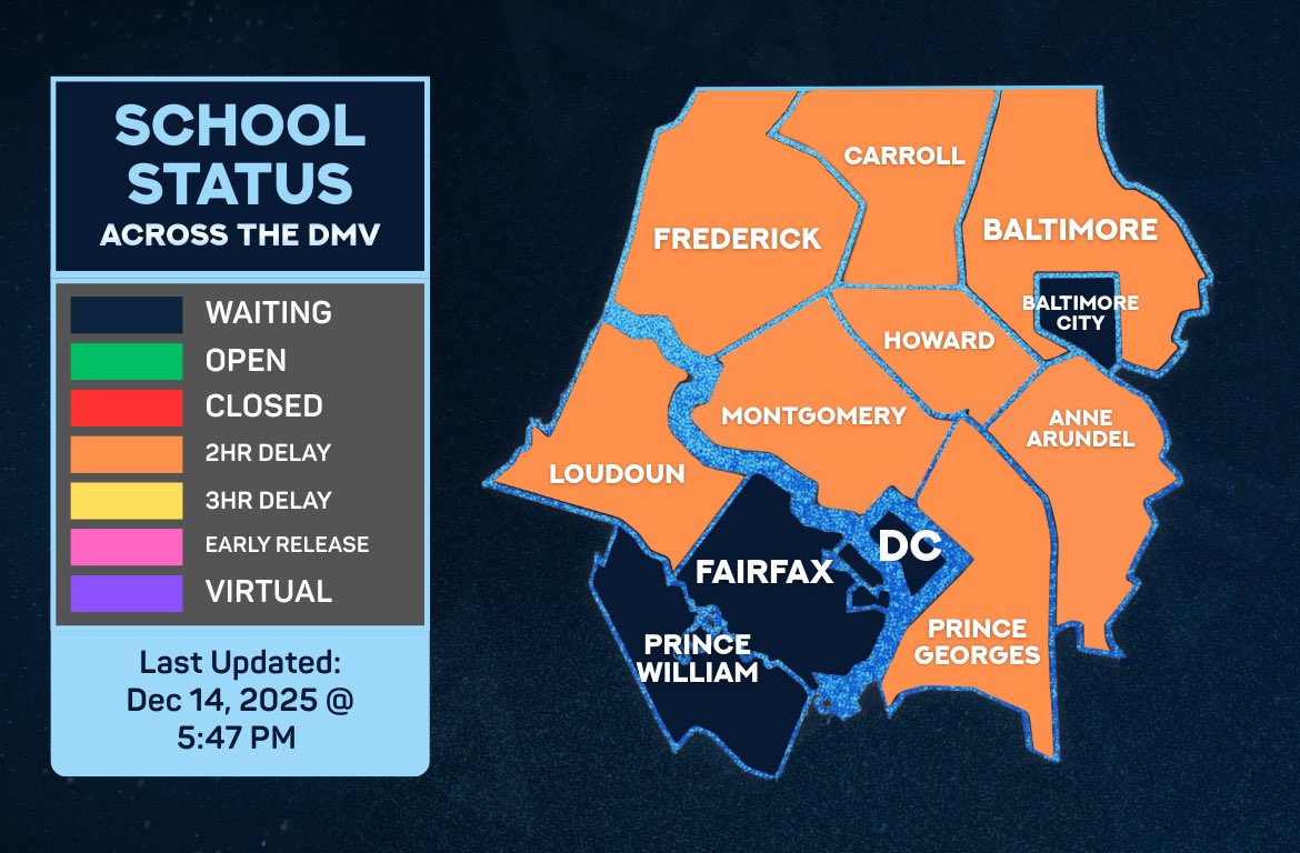 mococlosures's tweet image. 5:47 PM: Howard County Public Schools have announced a two-hour delay. 

MCPS, PGCPS, Anne Arundel County, Baltimore County, Loudoun County, Carroll County, and Frederick County (MD) are also operating on two-hour delays.

We’ll continue tracking remaining updates and will post…