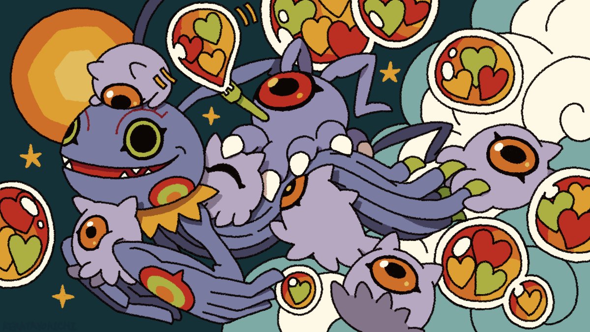 keratayokichi's tweet image. これはX始めたての頃に描いたけど、なぜか投稿しなかったイラストだよ！ᕕ( ᐛ )ᕗ

ハートのシャボン玉
ツメモンも泡出すのかなあ
#keramon #ケラモン